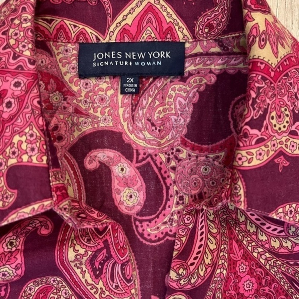 Jones New York Signature Woman Button Down Blouse 2X Pink Paisley Pattern Shirt - Picture 13 of 15